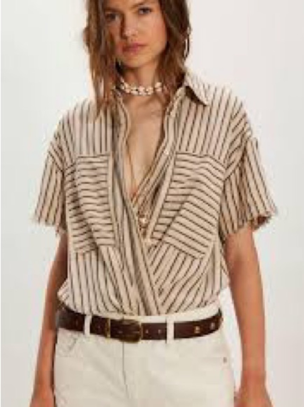 We The Free Christopher Linen Beige Striped Button-Down Short-Sleeve Shirt